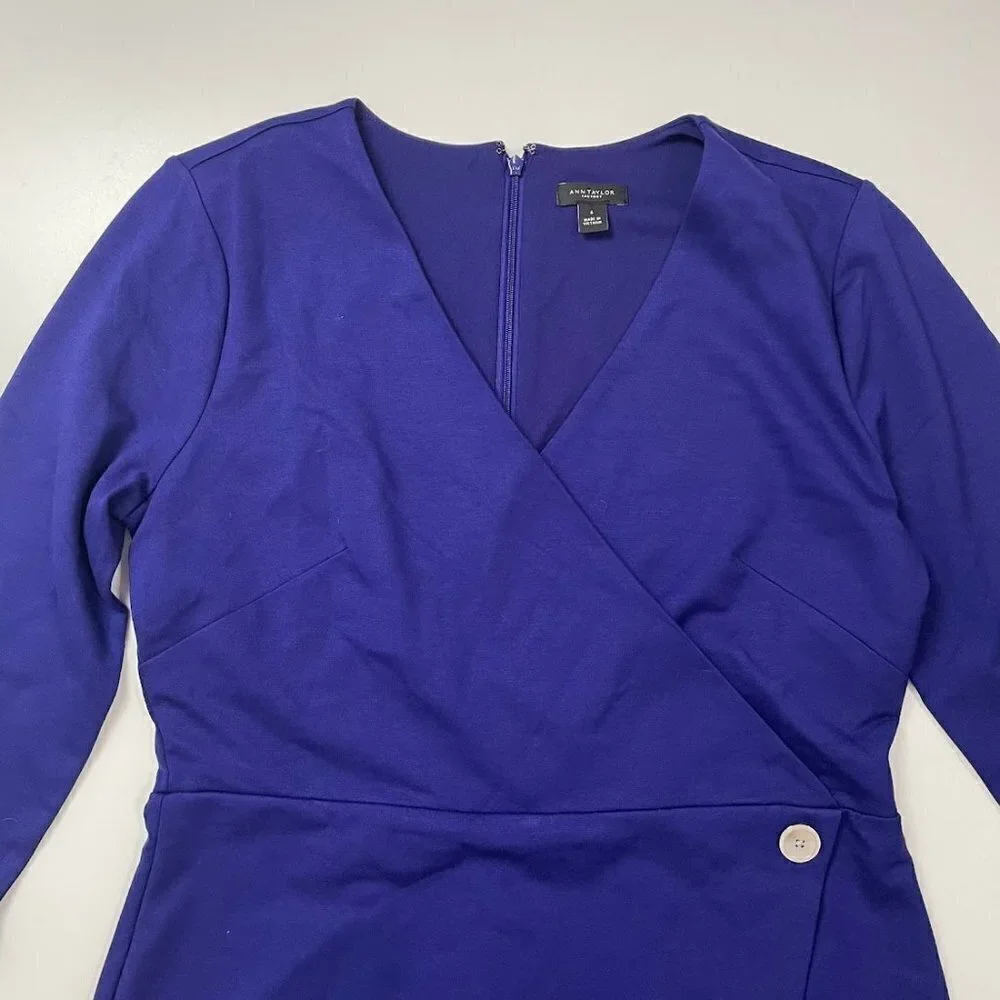 Ann Taylor Dress Midnight Regatta Blue Faux Wrap Button Asymmetrical Wedding 6